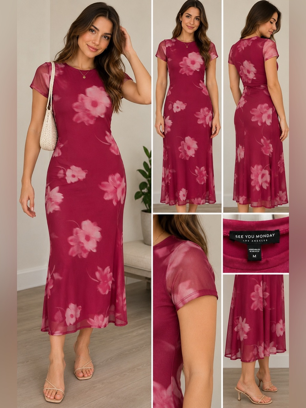 See You Monday Fuchsia Floral Short-Sleeve Maxi Dress